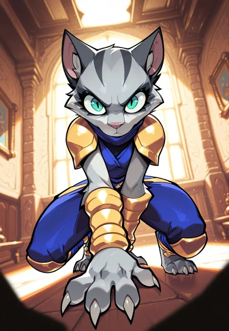 masterpiece, best quality, good quality, very awa, newest, highres, absurdres, highres, very aesthetic, (furry:1.5), fur, fur covered, (no humans:1.3). LeIsT0_illu, CuteToon_ST, HBKeenieILL,
BREAK,
1girl, solo, furry anthro, cute, large expressive eyes, asuri_brawlhalla, felid, body fur, fur, clothing, hi res, looking at viewer, claws, armor, jewelry, bracelet, scarf,
BREAK, indoors, high contrast lighting, complementary colors, dynamic lighting, harsh light, depth of field, detailed background, evocative composition, dynamic contrasts