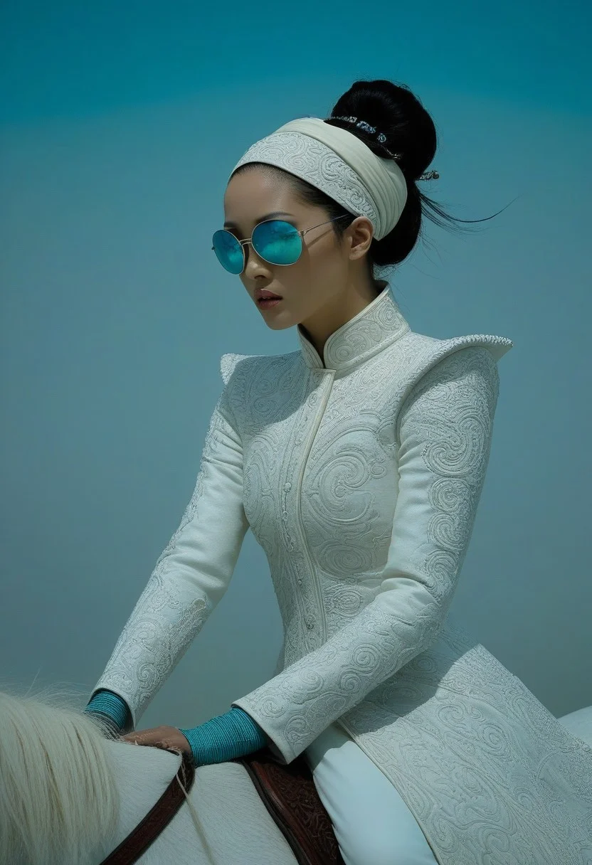 This is a highly detailed, surrealistic photograph with a cool, ethereal atmosphere. The image features a woman of East Asian descent with a fair complexion, wearing a striking, ornate, white, long-sleeved coat adorned with intricate, almost ethereal patterns. The coat has a high, fitted collar and features voluminous, layered textures that give it a regal, historical appearance. She wears a white, intricately designed headscarf, which matches her outfit. Her dark hair is styled in a high, messy bun, with strands escaping. She dons futuristic, reflective sunglasses with a modern, sleek design. Her accessories include a turquoise bracelet on her left wrist, adding a pop of color against the otherwise monochromatic palette.
She sits astride a pure white horse, which is meticulously detailed with a glossy, almost porcelain-like finish. The horse is adorned with ornate, fluffy, cream-colored adornments around its bridle and a similar texture on its saddle. The background is a soft, misty, gradient sky with varying shades of blue and white, evoking a serene, otherworldly atmosphere. The overall composition and lighting create an almost dreamlike, fantastical effect, blending elements of modern and traditional styles.
