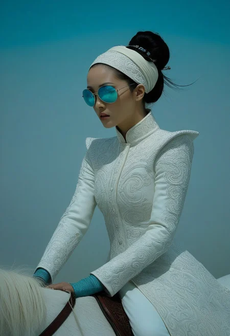 This is a highly detailed, surrealistic photograph with a cool, ethereal atmosphere. The image features a woman of East Asian descent with a fair complexion, wearing a striking, ornate, white, long-sleeved coat adorned with intricate, almost ethereal patterns. The coat has a high, fitted collar and features voluminous, layered textures that give it a regal, historical appearance. She wears a white, intricately designed headscarf, which matches her outfit. Her dark hair is styled in a high, messy bun, with strands escaping. She dons futuristic, reflective sunglasses with a modern, sleek design. Her accessories include a turquoise bracelet on her left wrist, adding a pop of color against the otherwise monochromatic palette.
She sits astride a pure white horse, which is meticulously detailed with a glossy, almost porcelain-like finish. The horse is adorned with ornate, fluffy, cream-colored adornments around its bridle and a similar texture on its saddle. The background is a soft, misty, gradient sky with varying shades of blue and white, evoking a serene, otherworldly atmosphere. The overall composition and lighting create an almost dreamlike, fantastical effect, blending elements of modern and traditional styles.
