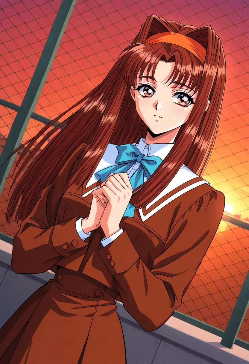 masterpiece, best quality, newest, highres, uncensored, 1girl, yokota mamoru style,1girl,
Matsudaira Youko,girl,brown hair,long hair,1990s (style),hairband,amber eyes
1girl, solo, blue eyes, sunset, school uniform, chain-link fence, long hair, fence, brown hair, bow, hair intakes, dutch angle, ribbon, own hands together, hair bow, long sleeves, rooftop