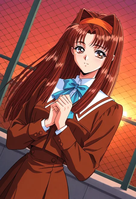 masterpiece, best quality, newest, highres, uncensored, 1girl, yokota mamoru style,1girl,
Matsudaira Youko,girl,brown hair,long hair,1990s (style),hairband,amber eyes
1girl, solo, blue eyes, sunset, school uniform, chain-link fence, long hair, fence, brown hair, bow, hair intakes, dutch angle, ribbon, own hands together, hair bow, long sleeves, rooftop