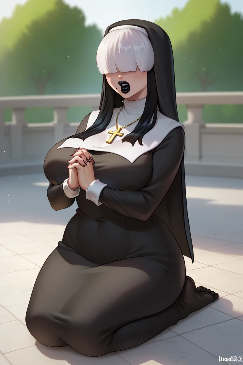 score_9, score_8_up, score_7_up, score_6_up, source_anime, BREAK 1girl <lora:gothmom-pdxl-nvwls-v1:1> gothmom, multicolored hair, hair over eyes, black lipstick, nun habit, nun's outfit, kneeling, smile, cross necklace, praying