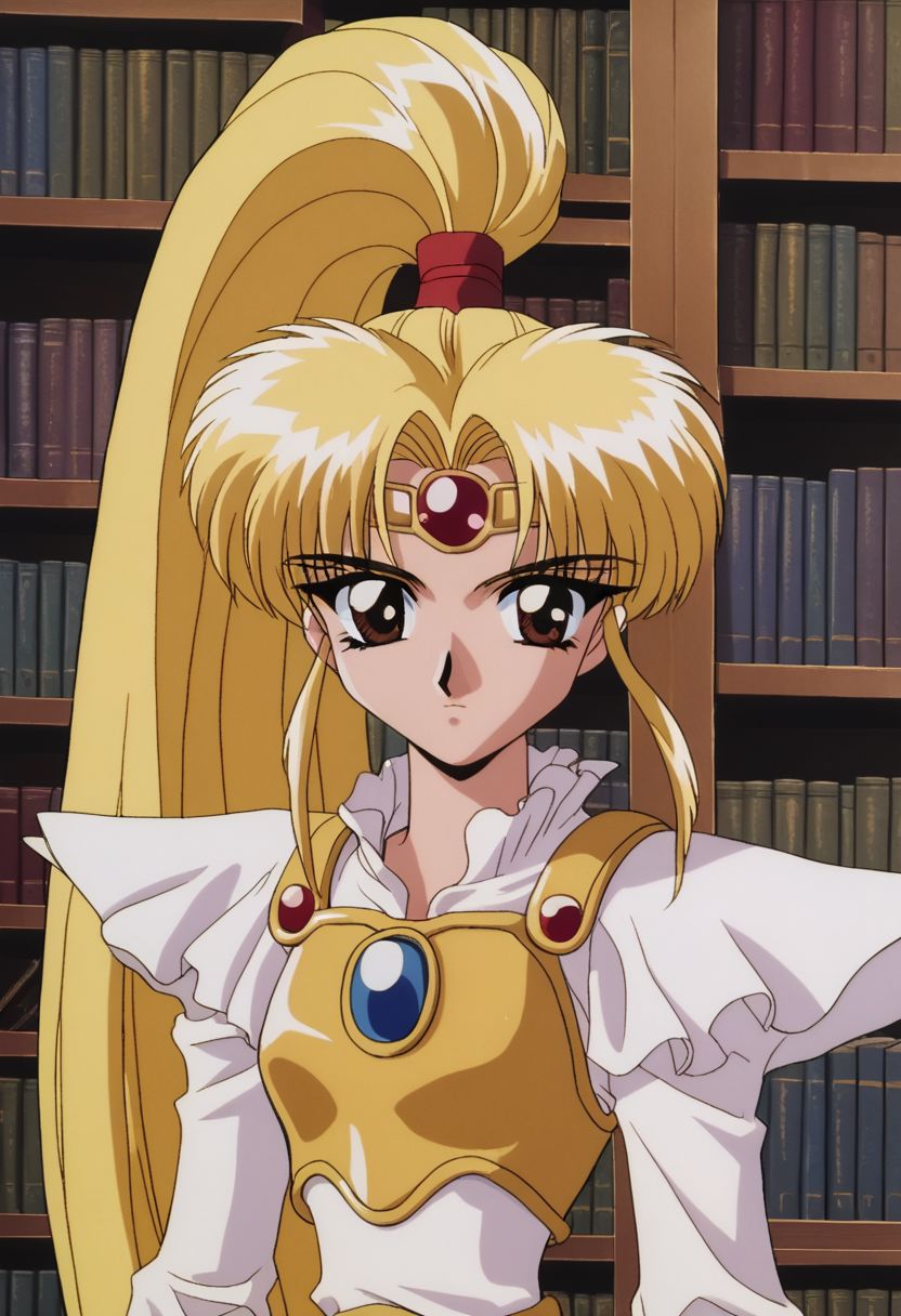 mkr style, 1girl, solo, 1990s (style), retro artstyle, ponytail, long hair, blonde hair, bookshelf, high ponytail, single paudron, frilled sleeves, gold necklace, circlet, forehead gem, upper body, library, armor, brown eyes, anime coloring, 2d, flat coloring, cel shading, cel shaded BREAK  PonyXLV6_Scores