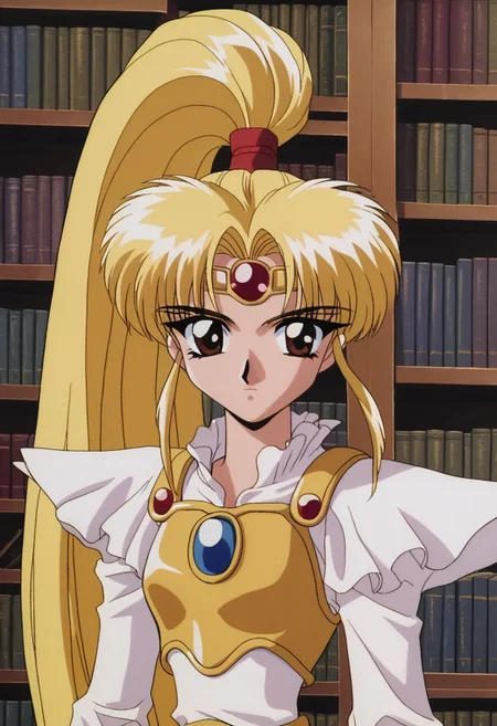 mkr style, 1girl, solo, 1990s (style), retro artstyle, ponytail, long hair, blonde hair, bookshelf, high ponytail, single paudron, frilled sleeves, gold necklace, circlet, forehead gem, upper body, library, armor, brown eyes, anime coloring, 2d, flat coloring, cel shading, cel shaded BREAK PonyXLV6_Scores