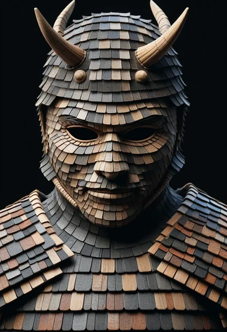 detailed, realistic, 8k uhd, high quality, masterpiece, mad-shingles, samurai, samurai armor made of shingles, samurai_mask, black background