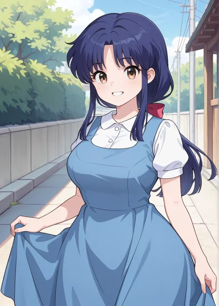 masterpiece, best quality, amazing quality, very aesthetic, absurdres, newest, detailed background, 4k, 8k, outdoors,
akanexd, 1girl, solo,
long hair, blue hair, brown eyes, bangs, low ponytail,
blue dress, short sleeves, shirt, white shirt, school uniform, pinafore dress, collared shirt,
smile, looking at viewer, skirt hold, grin, large breasts, wide hips,
<lora:Akane_Tendo_-_Ranma_12_Remake_Illustrious:1>