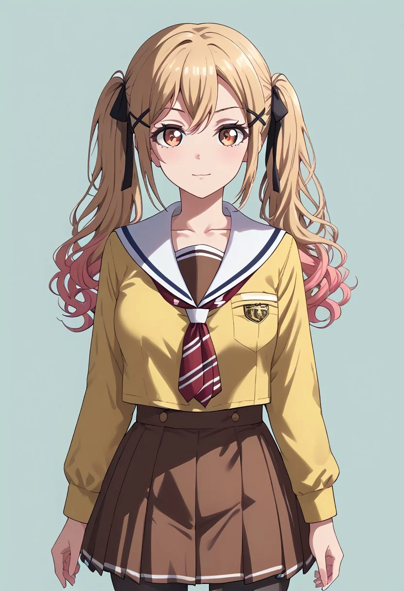 score_9, score_8_up, score_7_up, best quality, masterpiece, twoheads, 2heads, conjoined, ((2 different hairstyles)),
saki, blonde hair, long hair, pink hair, gradient hair, red eyes, twintails, 1girl, solo, bangs, hair between eyes,
collarbone, collared shirt, yellow jacket, red necktie, loose nectie, white shirt, striped necktie, black thighhighs, black skirt, miniskirt, layered skirt, black ribbon, zettai ryouiki, saki_unit, ichigaya arisa, brown eyes,blonde hair,x hair ornament,twintails, (((hanasakigawa school uniform))),sailor collar ,((brown shirt,brown skirt)),black pantyhose, flirting, cowboy shot, simple background