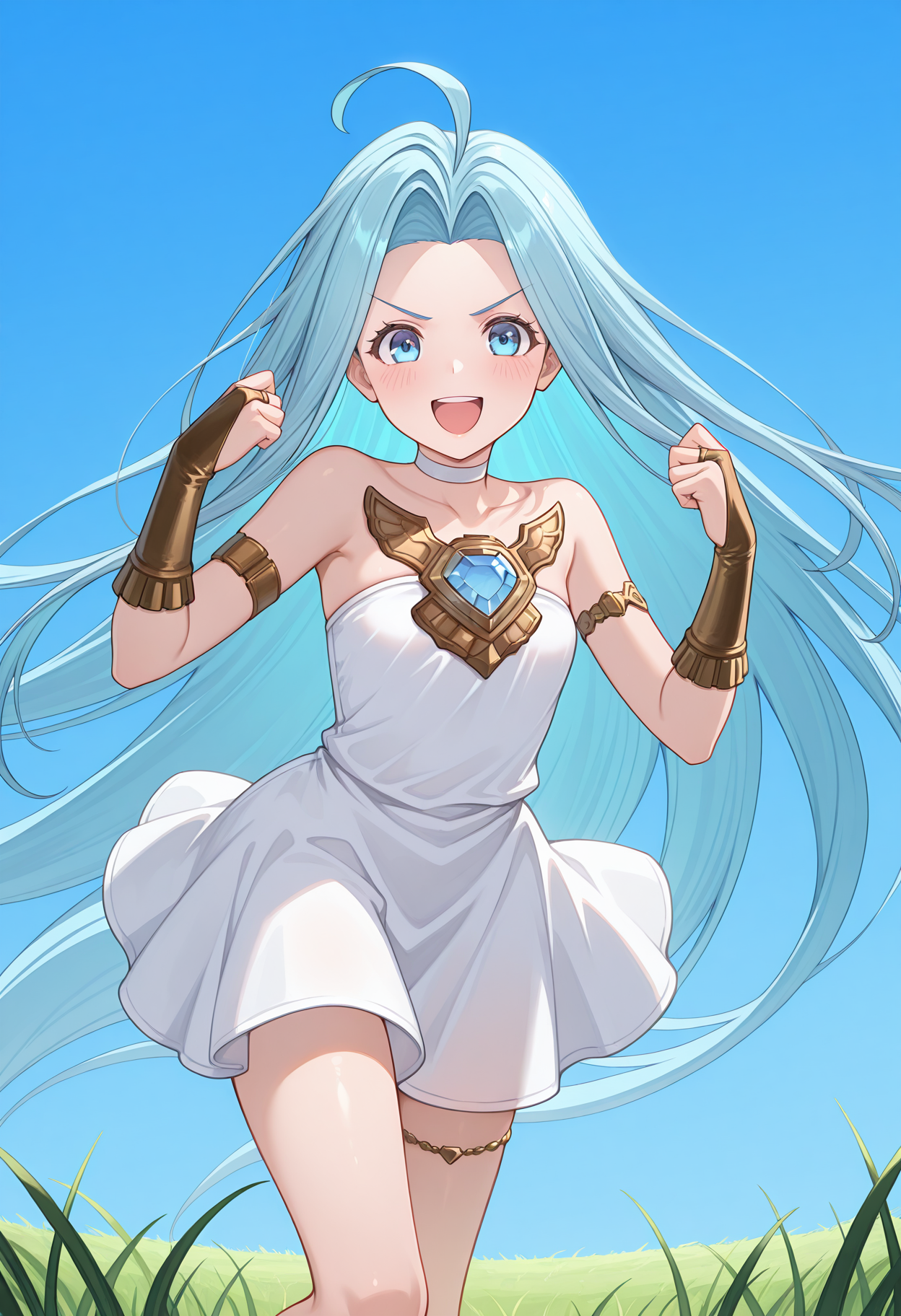 blue sky, grass, standing, hands up, upper teeth only, v-shaped eyebrows, dynamic pose, blush, smile, looking at viewer, gbfluria, light blue hair, very long hair, ahoge, blue eyes, lyrdef, white dress, strapless, choker, collarbone, chest jewel, jewelry, bridal gauntlets, thighlet, <lora:_lyria-elesico-ilxlC:1> highres, best quality, masterpiece,
1girl, solo,