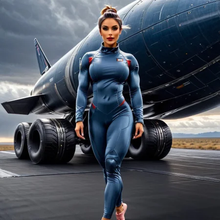 Under a cloudy sky, a powerful figure stands poised with an air of confidence. She’s clad in a high-leg leotard made of rugged denim, its texture emphasizing her sculpted physique. The leotard's high cut reveals strong, defined legs and accentuates her muscular build as she flexes her arms, showcasing her impressive strength.
Her clenched hands rest on her hips, the denim fabric stretching to reveal the strength beneath. In the background, a sleek spacecraft is partially visible, its metallic surface reflecting the diffused light of the overcast sky. Nearby, a ground vehicle, designed with futuristic elements, adds to the scene’s sci-fi ambiance.
The photograph captures the reflection of both the spacecraft and the ground vehicle in a glossy surface beneath her feet, merging the natural and technological elements into a cohesive, dynamic image. The cloudy sky adds a dramatic backdrop, enhancing the intensity and focus of the moment.