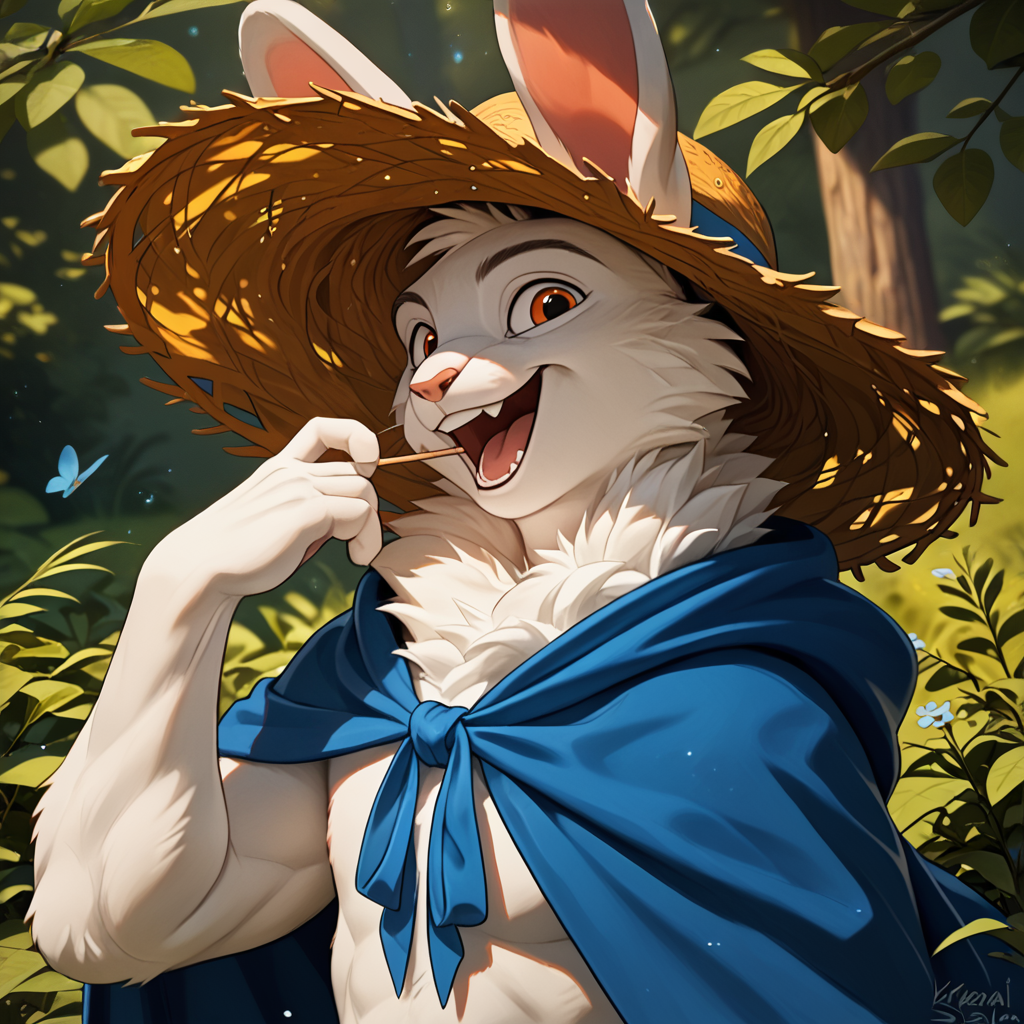 score_9, score_8_up, score_7_up, score_6_up, BREAK
(Prof_G_Quill:1.1), kraaisha, a  small furry (rabbit:1.1), solo, anthro (male:1.1), wearing a( straw hat with blue ribbon:1.2) and a blue cloak with a high collar. white_collar shirt, The rabbit has (white fur:1.1) with orange eyes and a serious expression, happy, (laugh:0.8), pose, short height, straw hat, outside, (disney:0.8) forest path, detailed background,
<lora:Prof_G_Quill._v1_2024-10-31_09-21-52-save-410-205-0:0.55>  <lora:KraaiSha_-_Art_Style-000037:1>