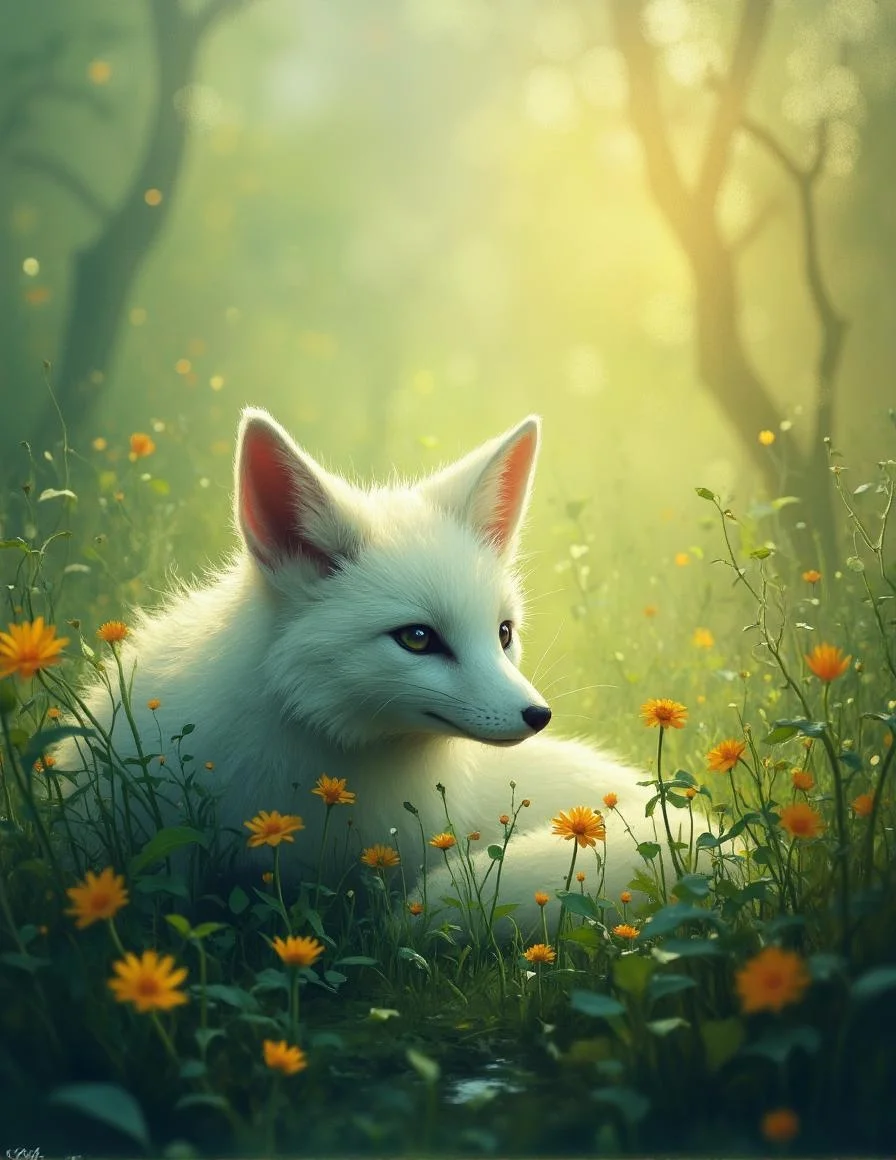 <lora:Green_cuties-000004.safetensors:1> A grainy, poorly lit image captures
A serene digital painting depicts a white-furred fox resting in ivy and yellow flowers amidst a blurred forest background of soft green and orange hues, bathed in soft, ethereal light, creating a tranquil atmosphere.
