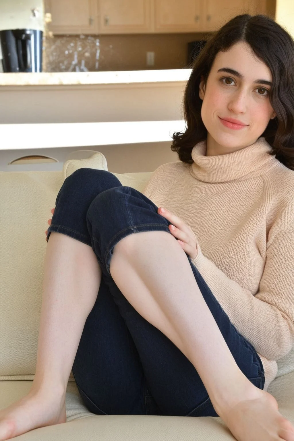giuliawylde, 1girl, ((solo)), brown eyes, looking at viewer, sitting on couch, cowboy shot, tan turtleneck sweater, denim pants, casual pose, simple background, kitchen background, sparkling eyes, smile, cinematic lighting, photorealistic, ultra-sharp, detailed, professional photographer