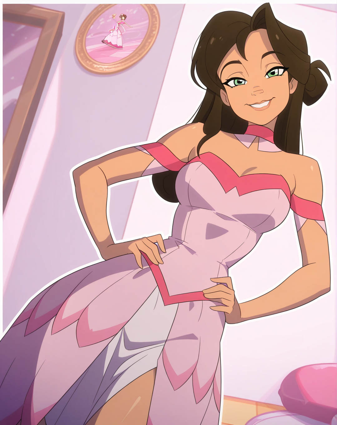 masterpiece, best quality, amazing quality, very aesthetic, absurdres, newest, solo,  AlbieZYN, 1girl, solo, tan skin, green eyes, brown hair, pink princess gown, collar, choker, pink flower, cowboy shot, looking at viewer, beautiful, ((beautiful face, beautiful eyes)), Breasts, Wide Hips, Thicks Thighs, Thicc Girl, standing,(smile, dutch angle, Hands on hips,naughty pose, looking at viewer, indoors, elegant room, solo, dynamic pose, full_body, head tilt,),((white background, White frame, white outline)),Lemon_Meringue