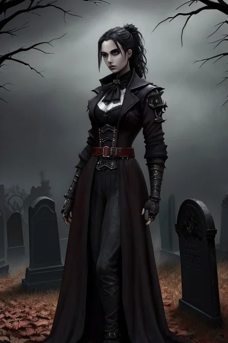 (masterpiece:1.2), (best quality,:1.2), 8k, HDR, ultra detailed, ((photorealistic)), professional light, cinematic lighting, fashion photography, ambient lighting, atmospheric effects, <lora:detail_slider_v4:2>, (DarkFantasy:0.2), a female hunter, wearing a long coat, ascot, corset, bracers, belt, gothout, <lora:Gothic_Outfit:0.5>,  in a dark and sinister gothic graveyard, iron fence, open graves, darkness, <lora:Darkness-10:0.6>,  <lora:zoom_slider_v1:2>, (Style-Necromancy:0.5), epiCPhoto
