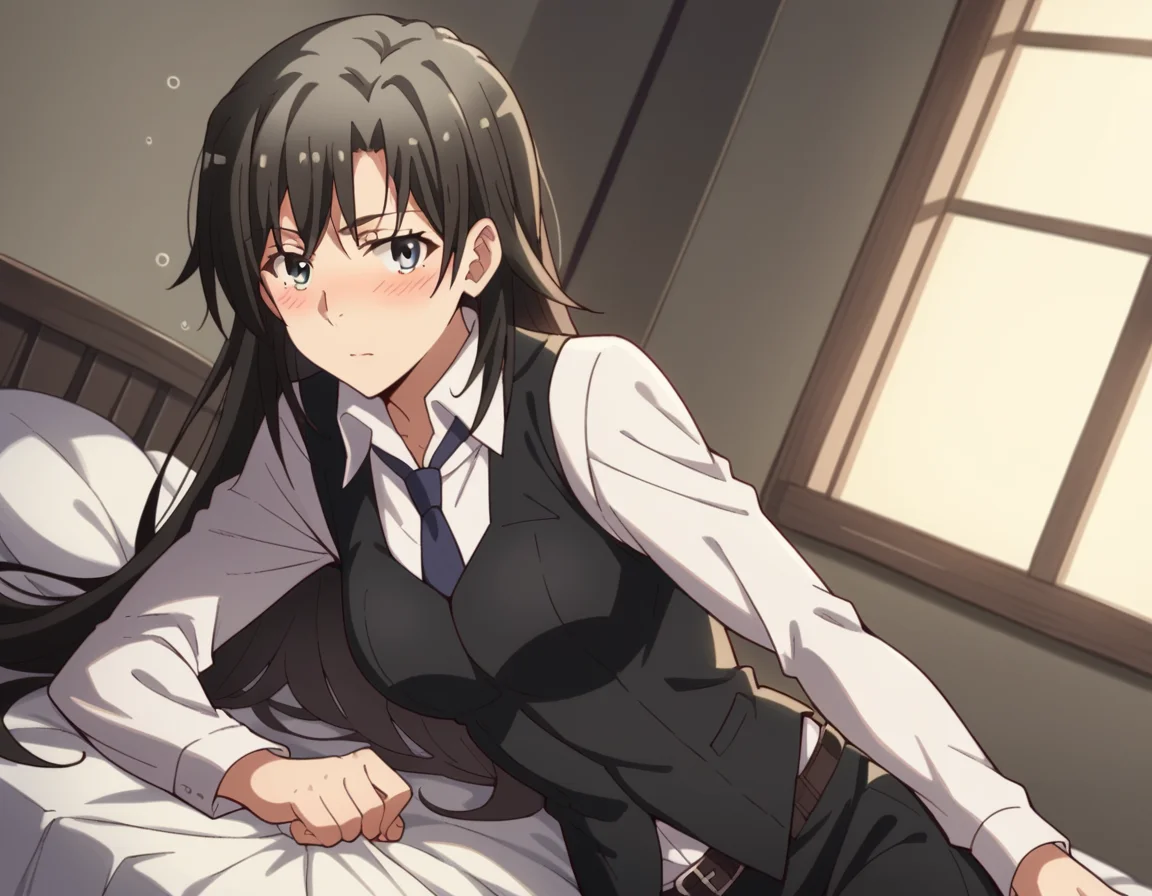 score_9, score_8_up, score_7_up, source_anime,
shizukahiratsuka, <lora:shizuka-hiratsuka-s2s3-ponyxl-lora-nochekaiser:1>,
shizuka hiratsuka, long hair, black hair, black eyes,
necktie, belt, vest,
indoors, bed, bed room, on side, blush, drunk,
looking at viewer, cowboy shot, solo, dutch angle,