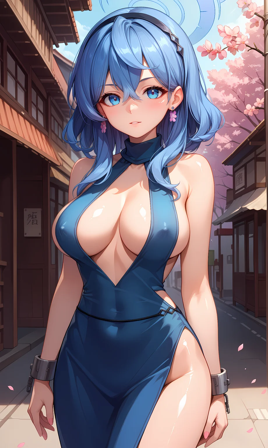 score_9, score_8_up, score_7_up, source_anime, 1girl, solo, outdoors, street, cherry blossoms, cowboy shot, standing, looking at viewer, shiny skin, amau_ako, blue eyes, medium hair, blue hair, hair between eyes, hair ornament, hairband, stud earrings, halo, backless dress, bare shoulders, blue dress, sideboob, sleeveless, cuffs, turtleneck, black hairband