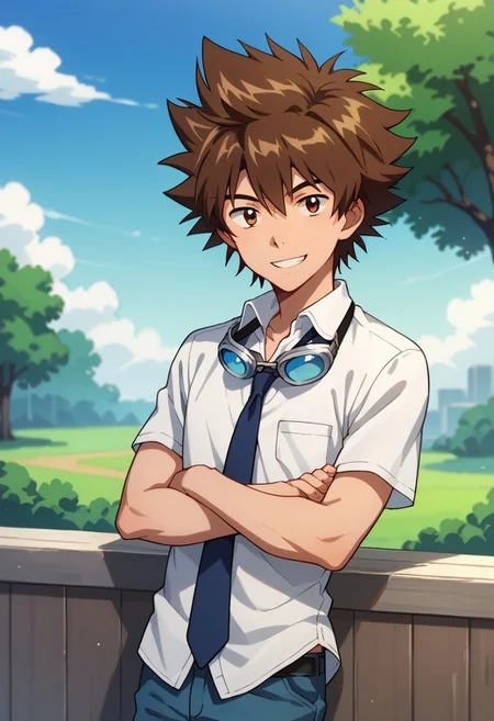 score_9, score_8_up, score_7_up, source_anime, highly detailed,
taitri, 1boy, goggles around neck, male focus, solo, brown hair, brown eyes, smile, crossed arms, goggles, shirt, white shirt, collared shirt, necktie, blue necktie, blue pants, upper body
outdoor, sky, tree
