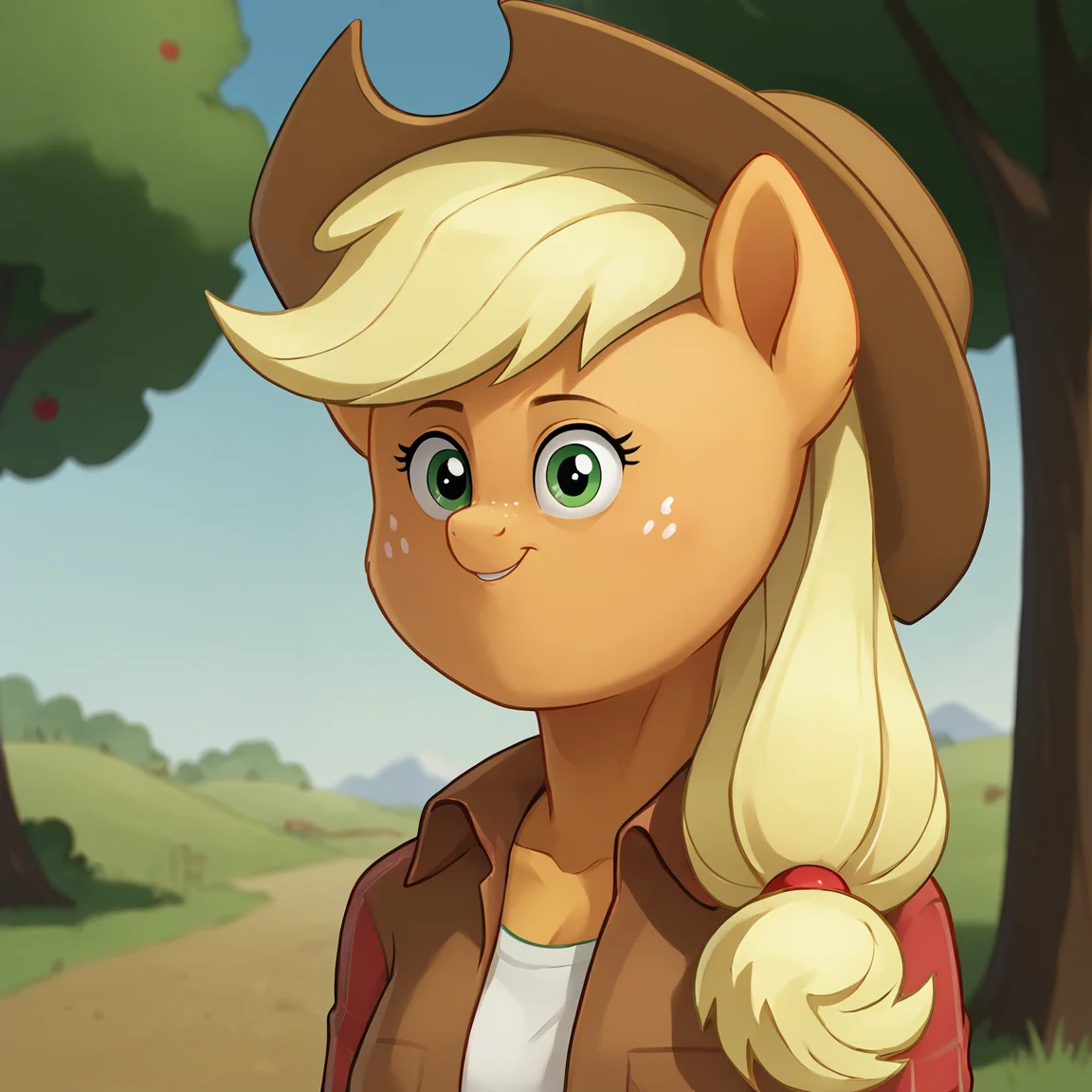 score 9,score 8 up, score 7 up,score 6 up <lora:smolface:1> small face,
Applejack from My Little Pony, anthro female, freckles,cowboy hat, green eyes