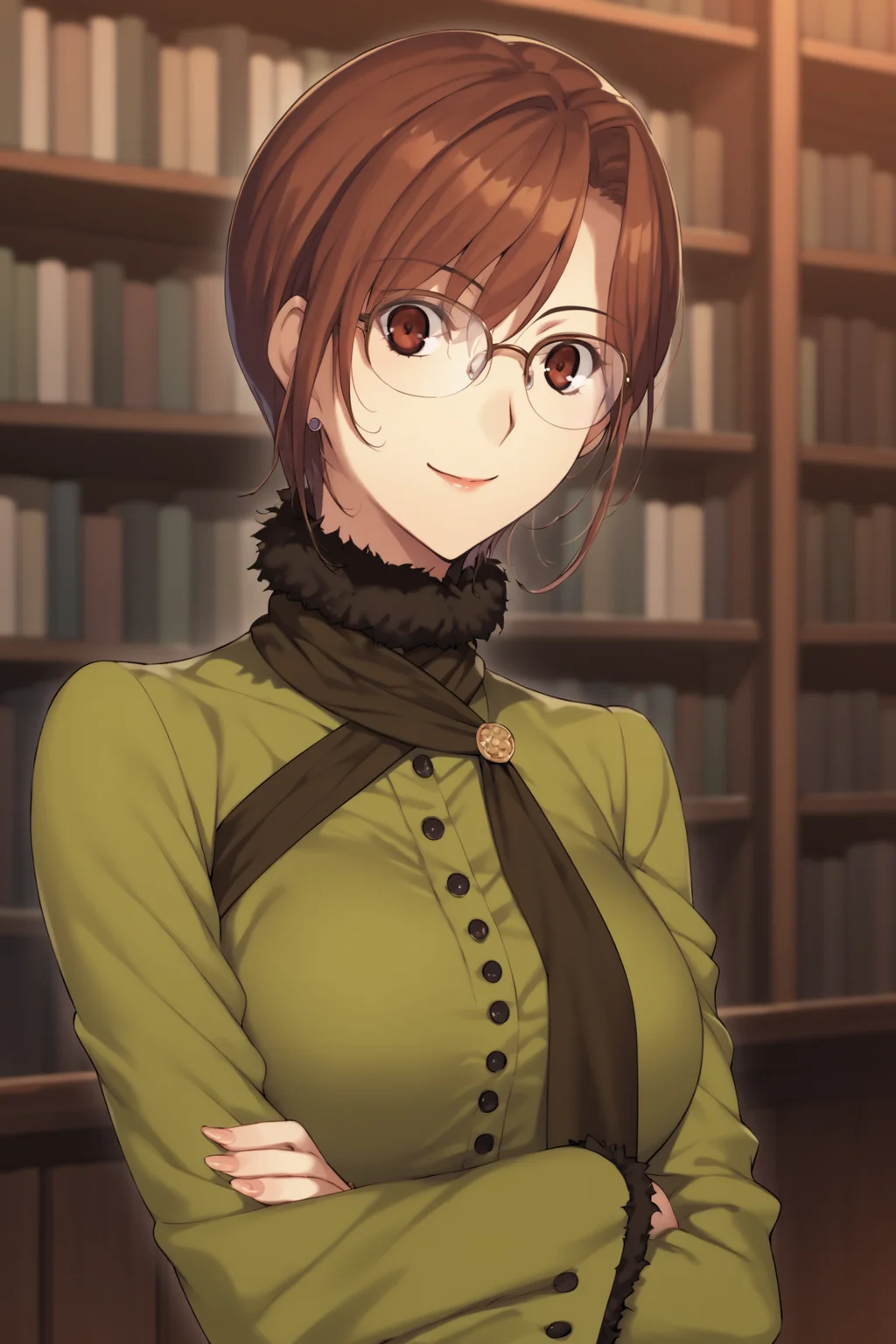 score_9, score_8_up, score_7_up, score_6_up, score_5_up, source_anime, rating_safe, medium breasts, indoors, library, 1girl, solo, <lora:age_slider_v4:3>, aozaki touko, brown hair, short hair, brown eyes, glasses, dress, long sleeves, green dress, scarf, fishnets, fishnet pantyhose, highheels, <lora:Touko_Aozaki:0.8>, dynamic pose, (upper body:1.2)