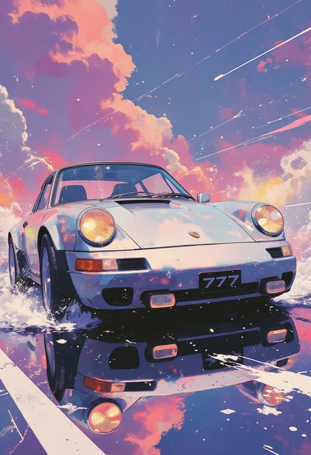 This digital illustration features a stunning silver Porsche 911 Carrera 3.2, dynamically positioned slightly off-center, as though racing through an abstract world. The car's sleek body is rendered with meticulous attention to detail, with glossy reflections highlighting its elegant curves and iconic design. Its headlights and taillights shine brightly, adding depth and realism to the composition. The background is a vibrant masterpiece of swirling, wavy lines in electrifying shades of purple, pink, and yellow, flowing in an organic, fluid pattern that evokes a sense of speed and motion. These dynamic elements amplify the car's forward momentum, blending energy and elegance. The license plate reads "777" in bold black, a subtle yet striking detail that enhances the visual harmony of the piece. This illustration seamlessly fuses modern art and automotive excellence, celebrating the Porsche’s timeless design within a bold, abstract setting.