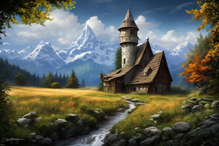 realistic analog photo, award winning photo, 
fantfa, background, mountain, stream, trees, foreground, field, house, farm, witow, a wizard watch tower,
high-quality, crisp, sharp, professional-grade, high-resolution, fine detail, accurate colors, low noise, fast shutter speed, wide dynamic range, precise focus, RAW, highres, 8k, uhd, High Dynamic Range, tonemapping, crisp details,