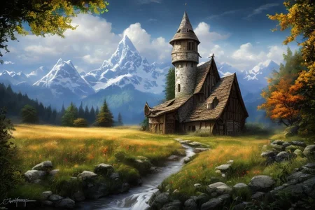 realistic analog photo, award winning photo,
fantfa, background, mountain, stream, trees, foreground, field, house, farm, witow, a wizard watch tower,
high-quality, crisp, sharp, professional-grade, high-resolution, fine detail, accurate colors, low noise, fast shutter speed, wide dynamic range, precise focus, RAW, highres, 8k, uhd, High Dynamic Range, tonemapping, crisp details,