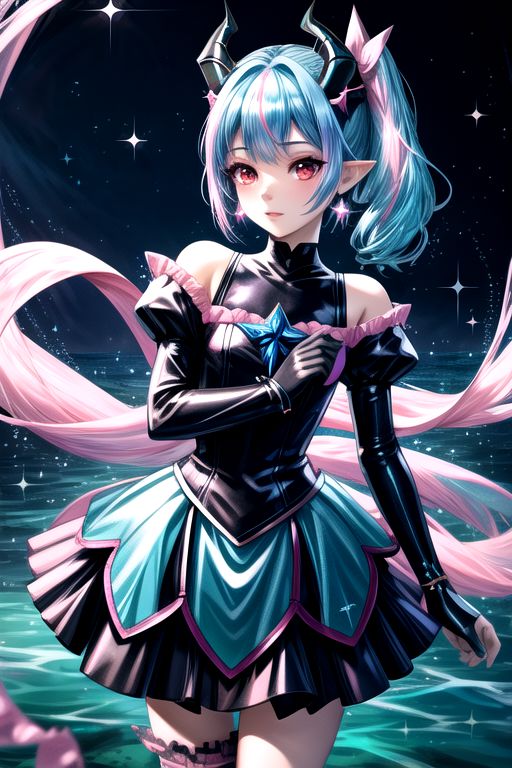 EvlSM, DarkPrecure, Bad_End_Precure, professional image of a cute young woman, (frilly elegant glossy dark holographic dress, crescent brooch, crescent earrings, crescent accessories:1.2),
(blue water dragon horns, blue water dragon tail:1.3), (short hair, side ponytail, hair above cheeks, light blue hair with light pink hairtips, gradient hair, multicolored hair:1.4), red eyes, (small breasts, cute face, innocent, shy, pointy ears:1.1), (sparkles, sparkling clothes, sparkles near eyes:1.3),
(intricate aquatic background, underwater, sparkling water, ocean floor, corral reef, bubbles:1.2), 
(ultra wide angle shot, cinematic style, absurdres, incredibly absurdres, huge filesize, extremely detailed, High quality texture, physically-based rendering, Ray tracing, octane render, sharp focus, (8k), (4k), (Masterpiece), (Best Quality), extremely detailed, intricate, hyper detailed, illustration, soft lighting, high resolution, sharp detail,)