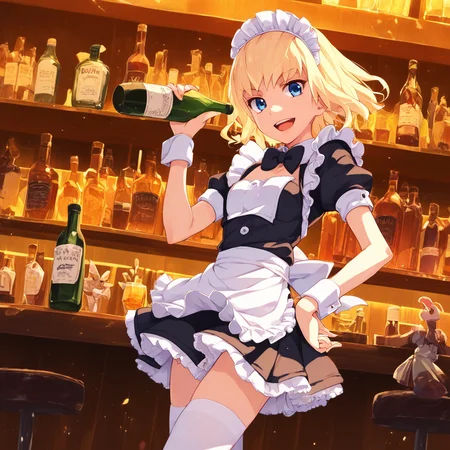 score_9, score_8_up, score_7_up, leivinia-birdway, toaru, 1girl, 1girl, solo, thighhighs, blonde hair, blue eyes, maid headdress, maid, open mouth, smile, white thighhighs, apron, short hair, wrist cuffs, hand on hip, bow, bowtie, looking at viewer, :d, bottle, bar (place), detached collar
