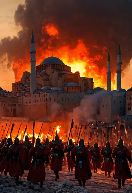 A dramatic scene depicting the fall of Constantinople, blending Byzantine and Crusader influences. The city’s iconic walls are crumbling as Ottoman forces, led by soldiers wearing dark, menacing armor, storm through the breaches. In the foreground, a group of Crusader knights, clad in white tunics with red crosses, valiantly defend the city, fighting fiercely against overwhelming odds. The Byzantine flag flutters in the wind, stained with blood. In the background, the majestic Hagia Sophia stands under a fiery sky, smoke rising from burning buildings. Ottoman cannons fire from the distance, while Greek soldiers retreat towards the inner city. The color palette is dark and fiery, with shades of red, orange, and black, conveying the chaos and desperation of the final moments of the Byzantine Empire.
, moody light, by H.R Giger, 4k resolution digital art trending on Artstation and unreal engine 5, hyperrealism, full body shot, glowing eyes, cinematic, epic, masterpiece, surreal, fantasycore, hyperdetailed, ultra realistic, octane render, volumetric lighting, depth of field, bokeh, 8 <lora:Details:0.85>