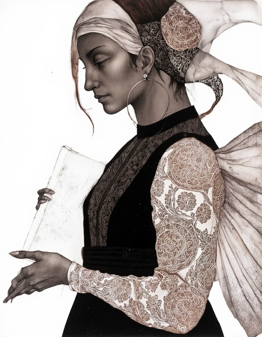Art by Marina Richterova. A black and white, monochrome illustration from a profile camera angle about a profile of a woman with intricate patterns on her clothing and accessories, set against a plain white background. the image features a woman in the middle of the frame, with her upper body facing the viewer and her eyes closed. she is wearing a sleeveless black dress with lace sleeves and a high neckline, and her hair is styled in a long, flowing manner. her skin is smooth and dark, and she has a serene expression on her face. she has large hoop earrings on her ears and is holding a piece of paper in her left hand, adding to her delicate and elegant look. the background is a simple, neutral color, allowing the focus to be on the woman's upper body and the intricate patterns of her clothing.