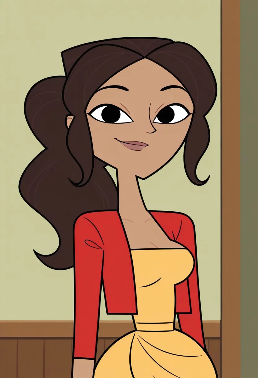 masterpiece,best quality,amazing quality, 1girl, solo, Riya_DC_IL, light brown skin, black eyes, long hair, dark brown hair, wavy hair, ponytail, lips, yellow dress, red cropped jacket, looking at viewer, indoors, room background, (portrait) smile, standing, no pupils