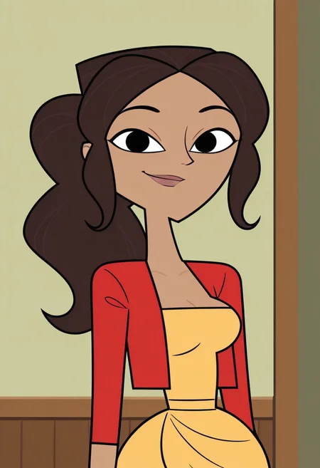 masterpiece,best quality,amazing quality, 1girl, solo, Riya_DC_IL, light brown skin, black eyes, long hair, dark brown hair, wavy hair, ponytail, lips, yellow dress, red cropped jacket, looking at viewer, indoors, room background, (portrait) smile, standing, no pupils