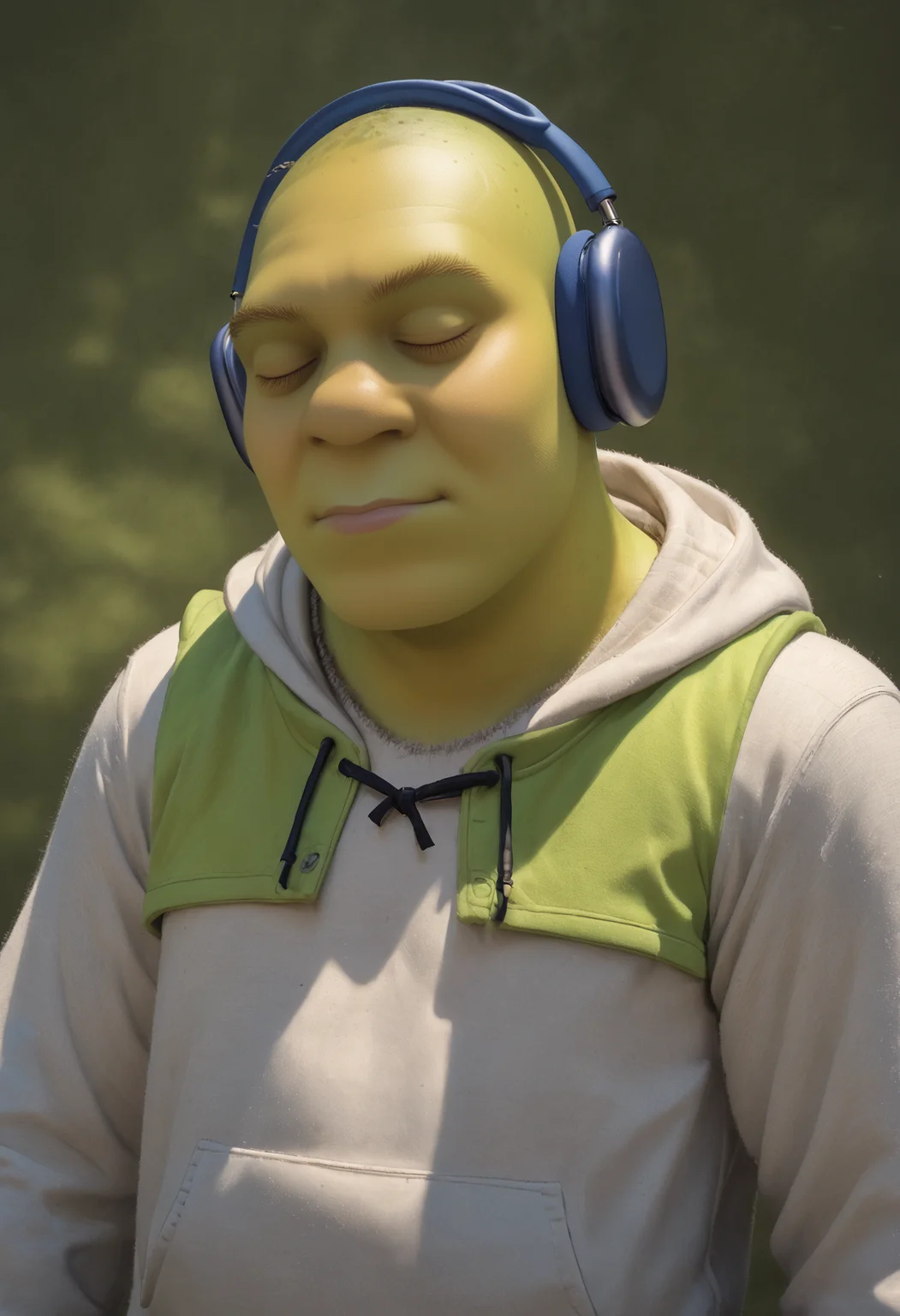 score_9_up, score_8_up, score_7_up, serene, bliss, wireless headphones, shrek, eyes closed, hoodie, <lora:WirelessHeadphones:0.8>, <lora:Shrek_XLPD:1>