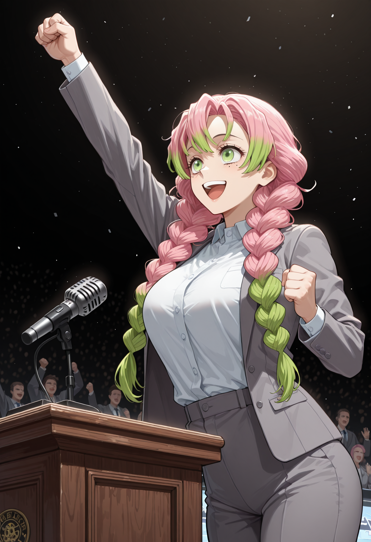 masterpiece, best quality, highres, absurdres, very awa, 1girl, solo, twin braids, multicolored hair, pink hair, green hair, mole under each eye, large breasts, grey jacket, grey pants, long sleeves, office lady, open jacket, pant suit, white shirt, pod1um, podium, microphone, stage, cowboy shot, green eyes, looking ahead, raised fist, clenched hand, arm up, jumping, upper body, smile, open mouth