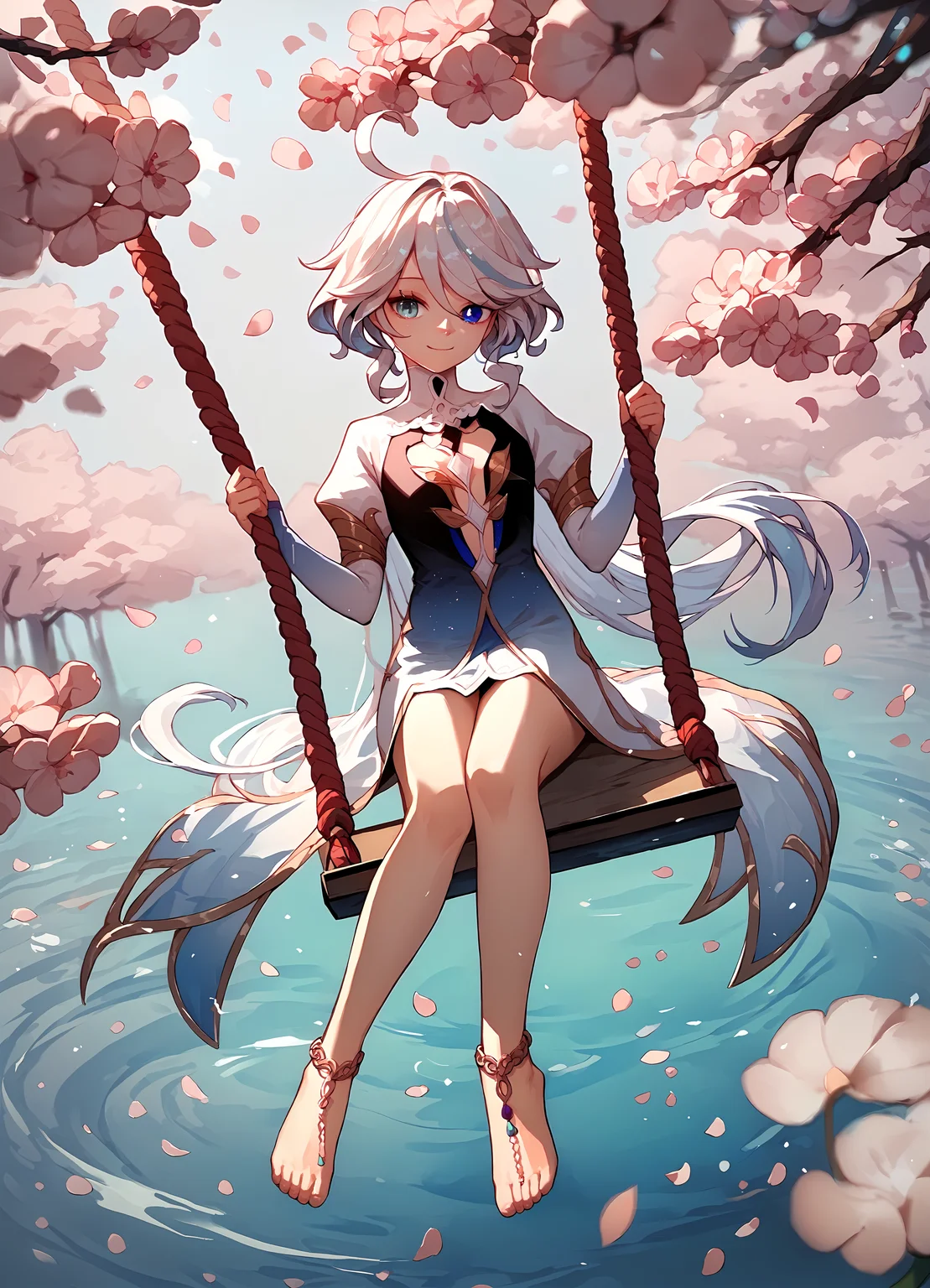 (score_9, score_8_up, score_7_up), 1girl, solo, focalors, heterochromia, cutout dress, long sleeves, anklet, barefoot, smile, closed mouth, sitting on swing, falling petals, cherry blossoms, on water, reflection, depth of field, <lora:furina-giPO-v1b:0.9>,