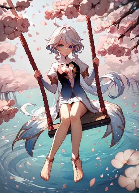 (score_9, score_8_up, score_7_up), 1girl, solo, focalors, heterochromia, cutout dress, long sleeves, anklet, barefoot, smile, closed mouth, sitting on swing, falling petals, cherry blossoms, on water, reflection, depth of field, <lora:furina-giPO-v1b:0.9>,