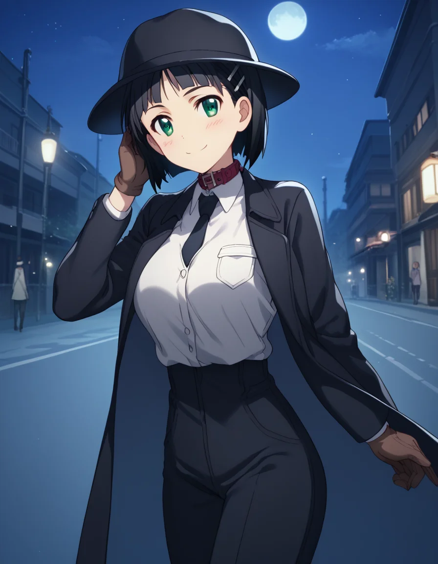score_9, score_8_up, score_7_up, source_anime, suguhakirigaya, <lora:suguha-kirigaya-s1-ponyxl-lora-nochekaiser:1>, suguha kirigaya, short hair, black hair, hair ornament, hairclip, green eyes, large breasts,, <lora:fedora-ponyxl-lora-nochekaiser:1>, fedora, hat, mob hat, black hat,, outdoors, night, moon, street, bolo tie, trench coat, hand on headwear, collar, gloves, necktie, pants, suit, looking at viewer, smile, blush, black coat, white vest,, solo, dutch angle, cowboy shot,