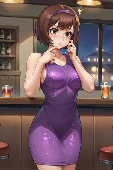 score_9,score_8_up, score_7_up, BREAK ict style, miki,1girl,solo, brown hair, brown eyes, short hair,cowboy shot,medium breasts, purple dress,glitter dress, purple hairband, collarbone, hand on own cheek, hand on own face, :o, parted lips, blush, surprised, standing, looking at viewer, bar,indoors,window,table, chair, night, dark,finger to own chin,   <lora:FudoMikiPony:1>