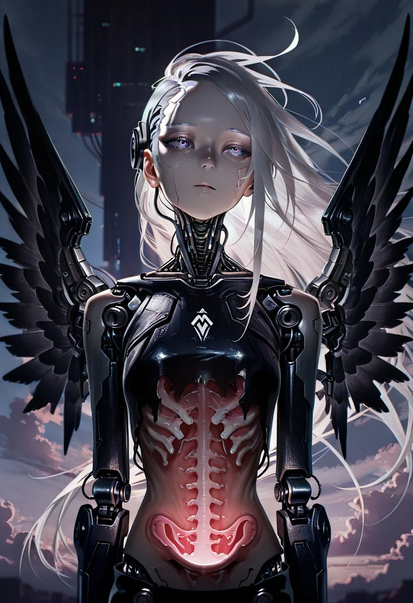 (absurdres, highres, masterpiece, absurdly_hires, best_quality, depth_of_field, cyberpunk, futuristic, science_fiction, biomechanical, mechabare, textured_hair, textured_clothing, skin texture,
solo, upper_body, android, cyborg, female, very_long_hair, platinum_hair, mechanical_face, cracked_face, damaged_face, broken_robot, (exposed_internal_machinery:1.4), robotic_jaw, wings, black_wings, (exposed_muscle), ruined_city, cloud_background, cinematic_lighting, detailed, mechanical_parts, pale_skin, serene, angel, ethereal, beautiful, dark_theme)