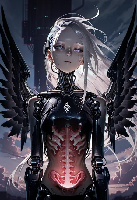 (absurdres, highres, masterpiece, absurdly_hires, best_quality, depth_of_field, cyberpunk, futuristic, science_fiction, biomechanical, mechabare, textured_hair, textured_clothing, skin texture, 
solo, upper_body, android, cyborg, female, very_long_hair, platinum_hair, mechanical_face, cracked_face, damaged_face, broken_robot, (exposed_internal_machinery:1.4), robotic_jaw, wings, black_wings, (exposed_muscle), ruined_city, cloud_background, cinematic_lighting, detailed, mechanical_parts, pale_skin, serene, angel, ethereal, beautiful, dark_theme)