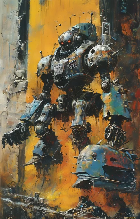 masterpiece,best quality,<lora:tbh233-sdxl:0.9>,illustration,style of Simon Bisley portrait of Housework robots