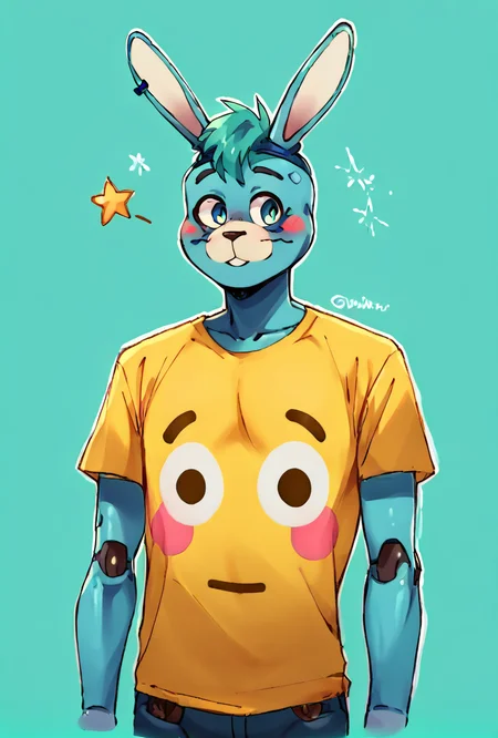 score_9, score_8_up, score_7_up,, good quality ,, character focus, solo, , best quality , detailed background, <lora:glambon-06:1> glambon, rabbit ears, male focus, , solo, star (symbol), robot, white outline, stars, cyan background, cowboy view, <lora:flushed_shirt_meme:1> flushed_emoji_shirt, multiple views, simple background, t-shirt