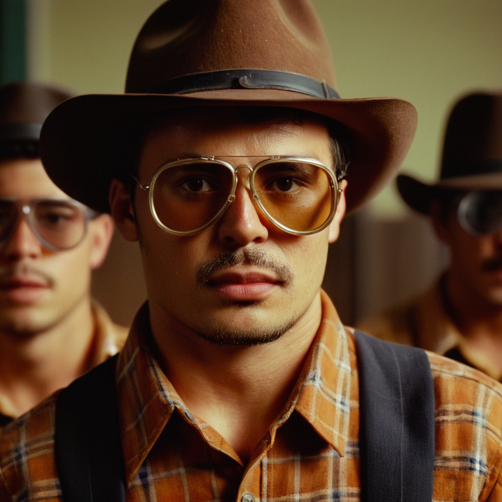 cinematic film still of  <lora:Ron Fricke style:1>
a man wearing a cowboy hat and goggles,shirt,1boy,hat,male focus,multiple boys,collared shirt,indoors,2boys,blurry,blurry background,facial hair,realistic,brown headwear,brown shirt,orange shirt,plaid shirt , realistic, realism, movie still, film grain, kodak film, film contrast, film color, cinematography, documentary, photography, 70 mm film, 65 mm film, Todd-AO, Todd-AO 35, 8K resolution, Ron Fricke film director style, Ron Fricke film directing style, Ron Fricke style, shallow depth of field, vignette, highly detailed, high budget, bokeh, cinemascope, moody, epic, gorgeous, film grain, grainy