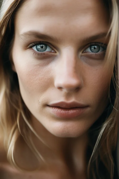 analog style, portrait photo of a beautiful swedish model , who looks at you in a Demandingly way with two beautiful green eyes She is naked and the image was taken in close-up, imperfect face,   <lora:faces_v3:0.575>