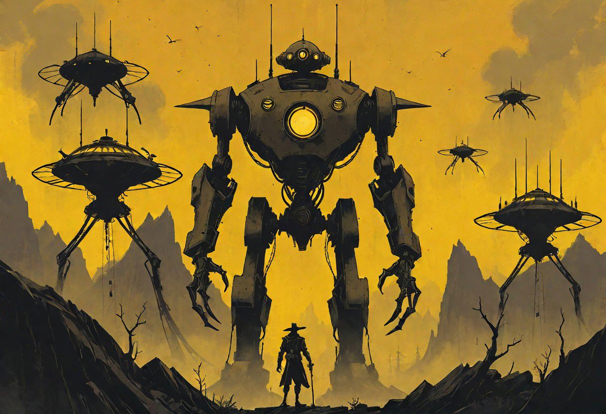 a stylized vintage robot standing in front of a huge menacing vintage steampunk mecha with tech tentacles, antennas and drones, in an alien landscape, western, hyper detailed, sci fi, minimalist_sci-fi_dystopia