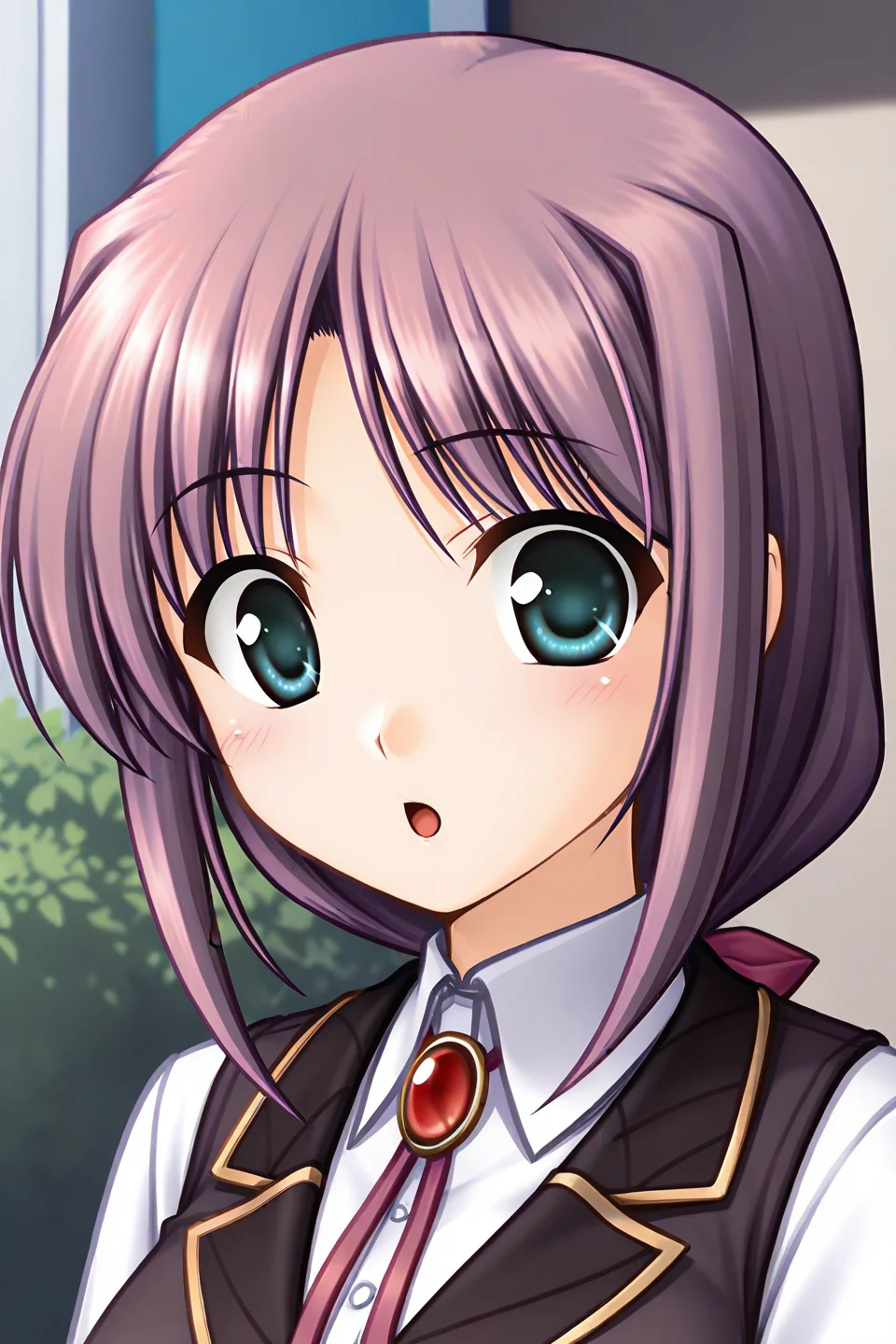 masterpiece, best quality, absurdres, official art, official style, rating generael BREAK <lora:lavria_IL_v1-1:0.7>, lavria, 1girl, solo, aqua eyes, green eyes, purple hair, very long hair, parted bangs, hair intakes, sidelocks, low ponytail, hair bow, pink bow, medium breasts, large breasts, brooch, bolo tie, black vest, black collar, white shirt, dress shirt, collared shirt, long sleeve shirt, close-up, portrait, outdoors,
blush, :o, collared shirt, looking at viewer, open mouth, parted lips, surprised