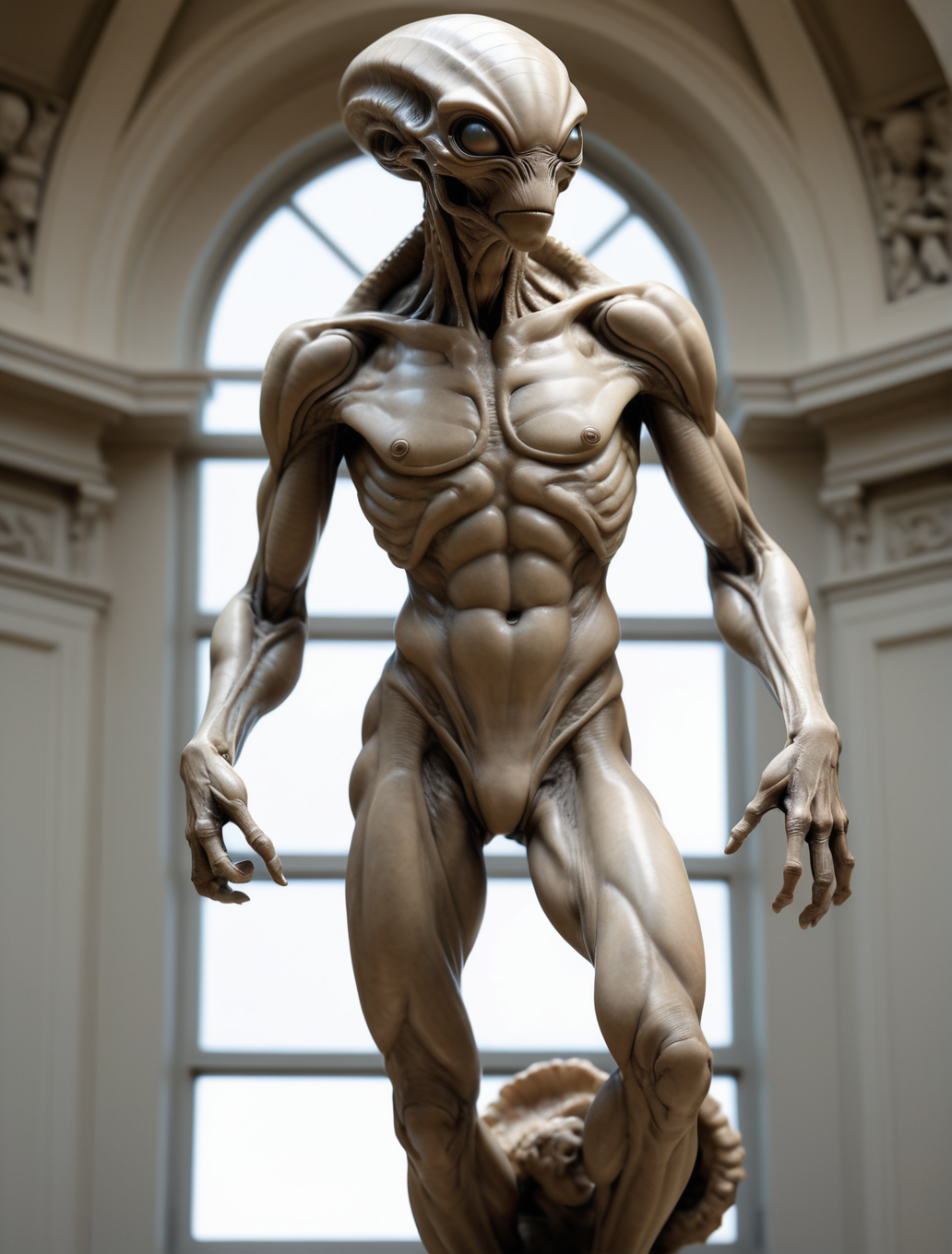 full body shot, masterpiece beauty, highly intricate detailed alien sculpture by Michelangelo, natural light