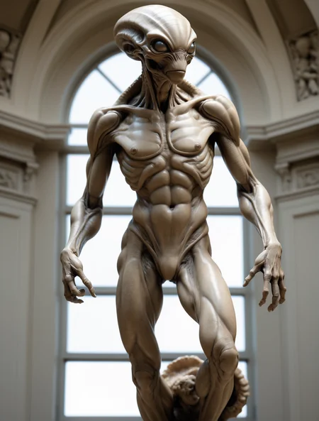 full body shot, masterpiece beauty, highly intricate detailed alien sculpture by Michelangelo, natural light