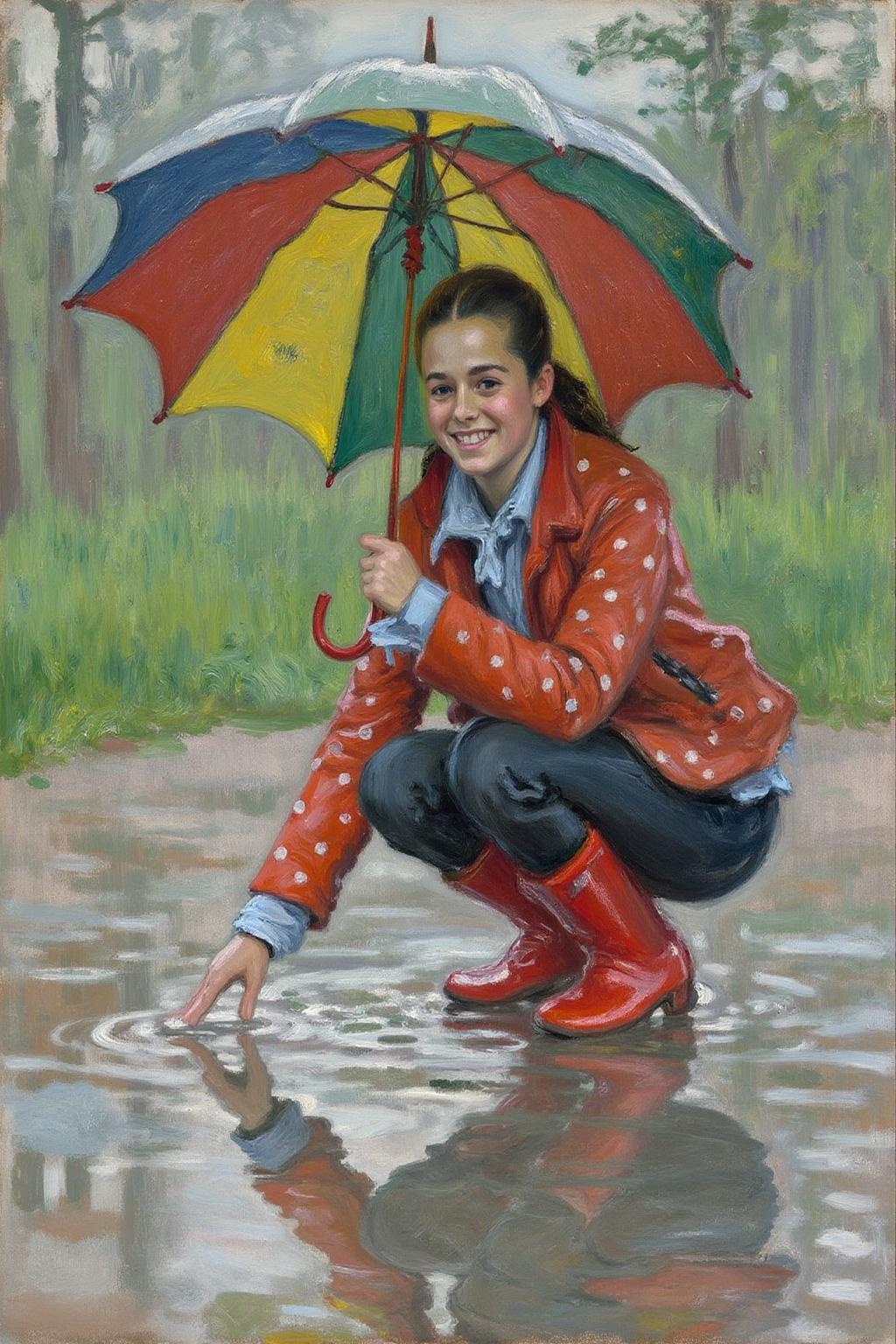 claudemonet1 painting. A young woman, angled from slightly above and to the right, crouching low to the ground in a puddle. The young woman is wearing bright red rubber boots and a red jacket with white polka dots. The jacket sleeves are pushed up to reveal blue cuffs. The young woman also wears dark blue jeans and has a smile on her face as she extends her right index finger to touch the water in the puddle. Above the young woman is a large, open umbrella with rainbow-colored panels and a red handle. The ground is wet and paved with grey stones, reflecting the sky and umbrella. The background is slightly blurred, showing hints of green grass and trees. The lighting is overcast and diffused, typical of a rainy day. <lora:claudemonet1_cap_d8a4e12:1.0><lora:843595426201445202:0>