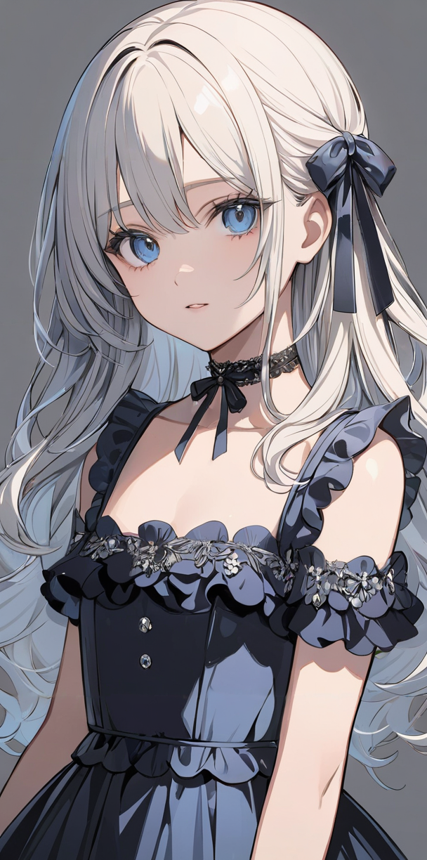 masterpiece,ultra-detailed,best quality,8K,illustration,cute face,clean skin ,shiny hair,girl,ultra-detailed-eyes,simple background, <lora:add-detail-xl:1> ,<lora:chocker_XL_V1.0:1> choker,ribbon,dress